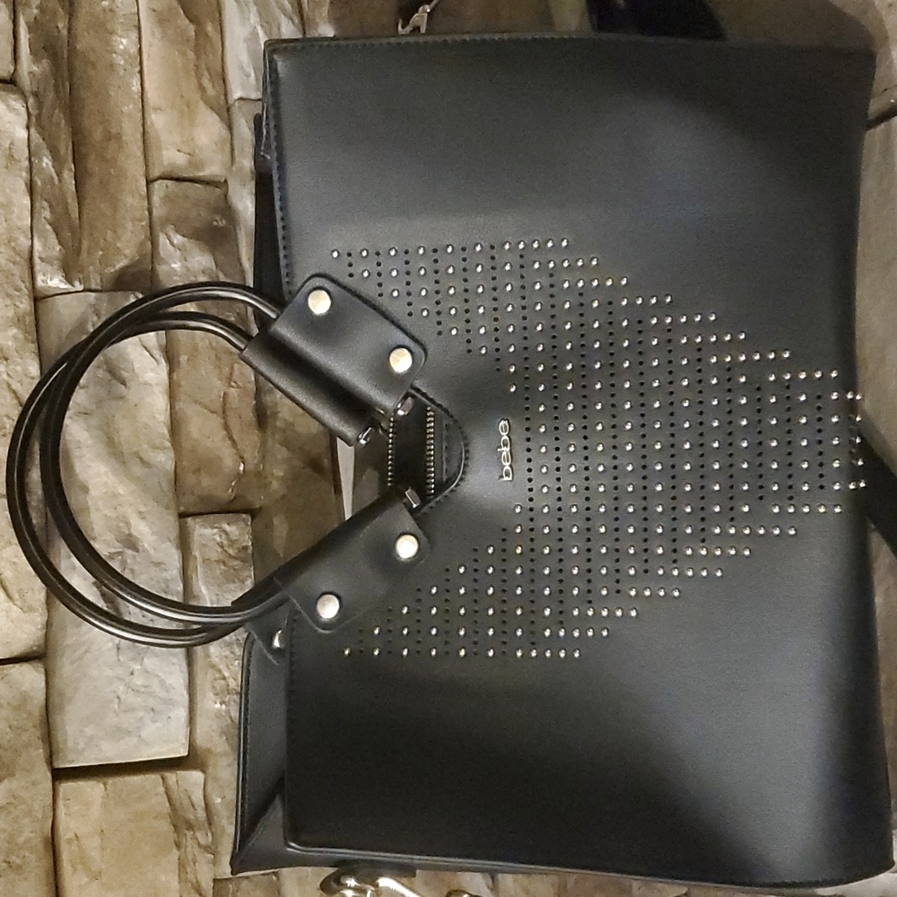 Bebe Faux Leather Black Purse Gold Embellished Handbags/Shoulder Bag VGUC